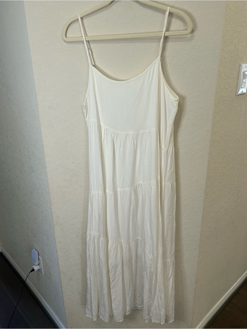 White Tiered Tea-Length Dress with Adjustable Spaghetti Straps